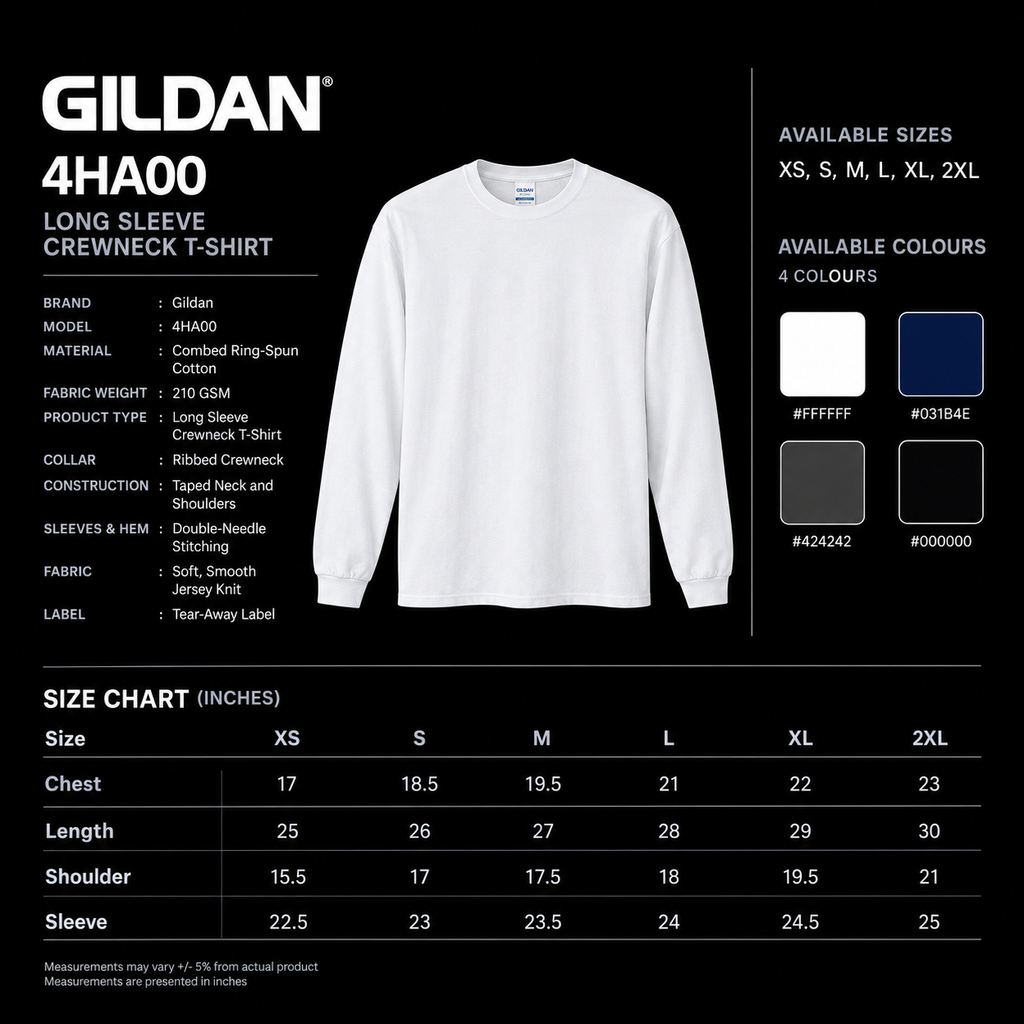 DTF CUSTOM GILDAN COMB RING SPUN COTTON LONG SLEEVE T-SHIRT PRESHRUNK JERSEY KNIT 210GSM (4HA00)