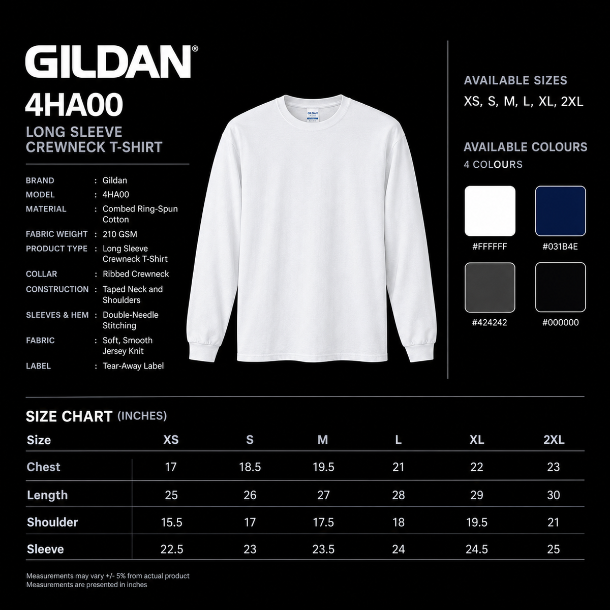 DTF CUSTOM GILDAN COMB RING SPUN COTTON LONG SLEEVE T-SHIRT PRESHRUNK JERSEY KNIT 210GSM (4HA00)